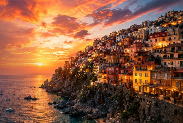 Sunset over a colorful coastal destination